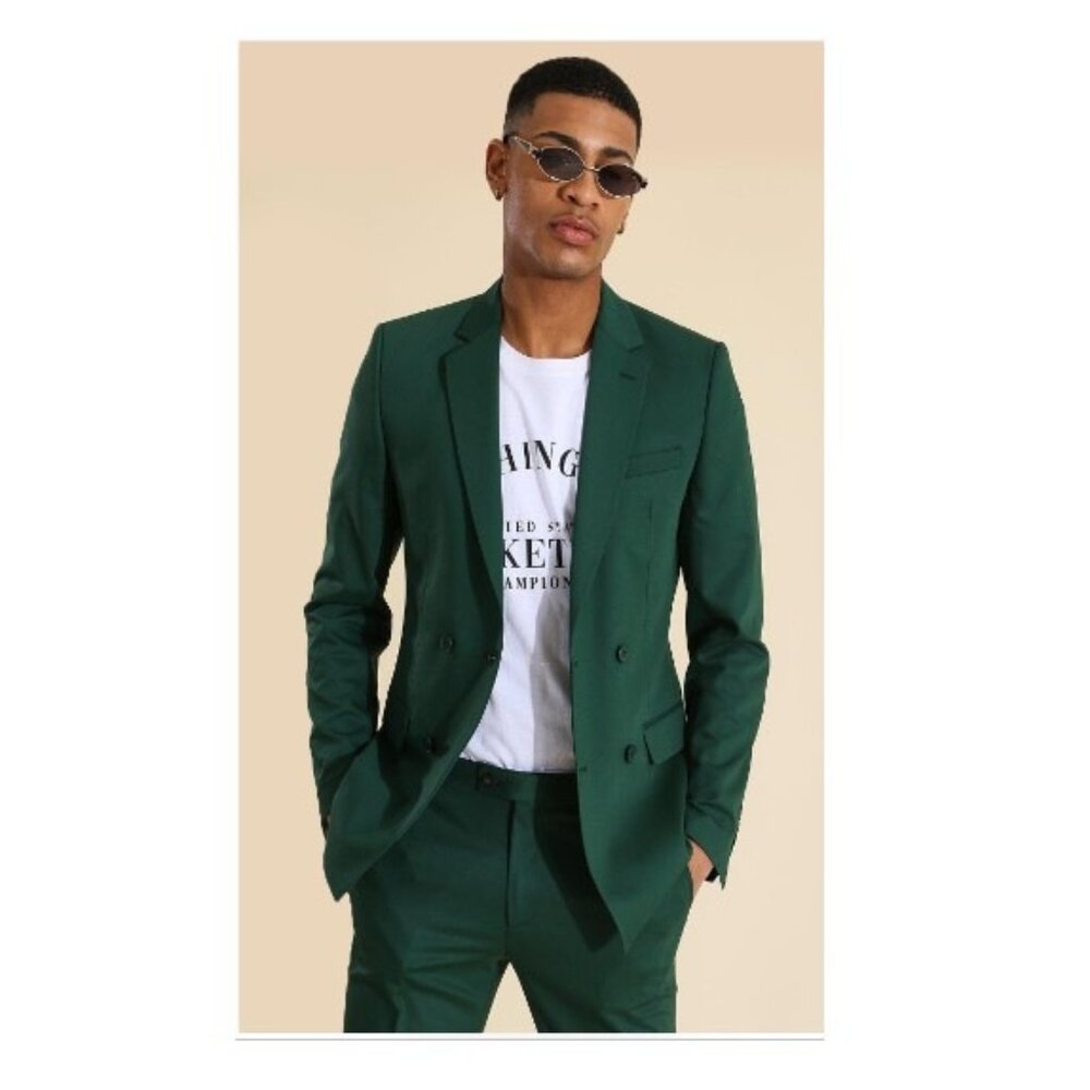 MAN Boohoo 34R Mens Classic Forest Green Double Breasted Suit